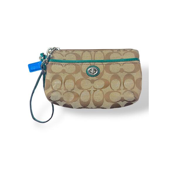 Coach Signature Khaki Green Trim Canvas Wristlet Purse Clutch Turnlock - Picture 1 of 9